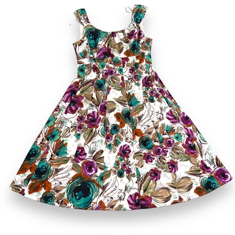 London Style Womens Party Dress Floral Sleeveless Fit n Flare Purple Green Sz 6